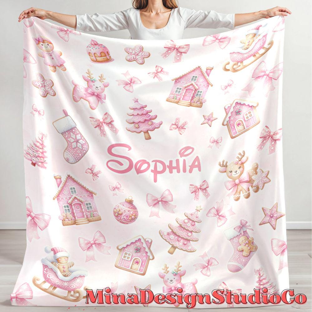 Personalized Watercolor Pink Christmas Blanket, Gingerbread House Stocking Christmas Tree Home Decor, Holiday Custom Name Baby Girl Blanket