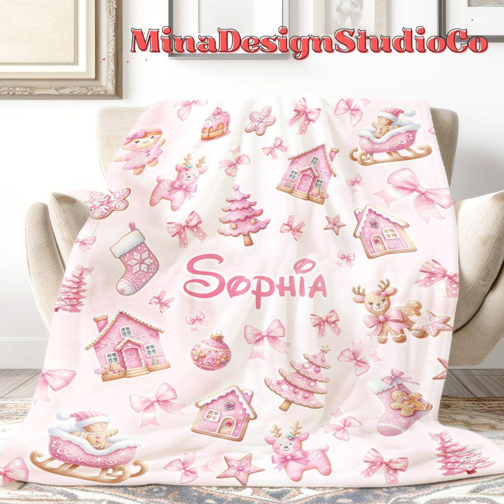 Personalized Watercolor Pink Christmas Blanket, Gingerbread House Stocking Christmas Tree Home Decor, Holiday Custom Name Baby Girl Blanket