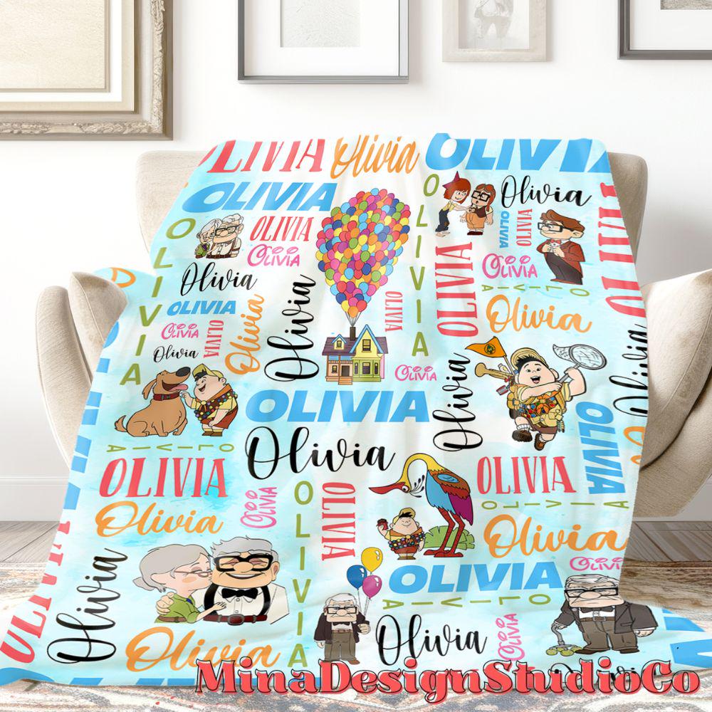 Personalized Watercolor Disney Up Blanket, Adventure Is Out There Up House Balloons Carl Ellie Couple Gift Home Decor, Russell Dug Dog Kevin