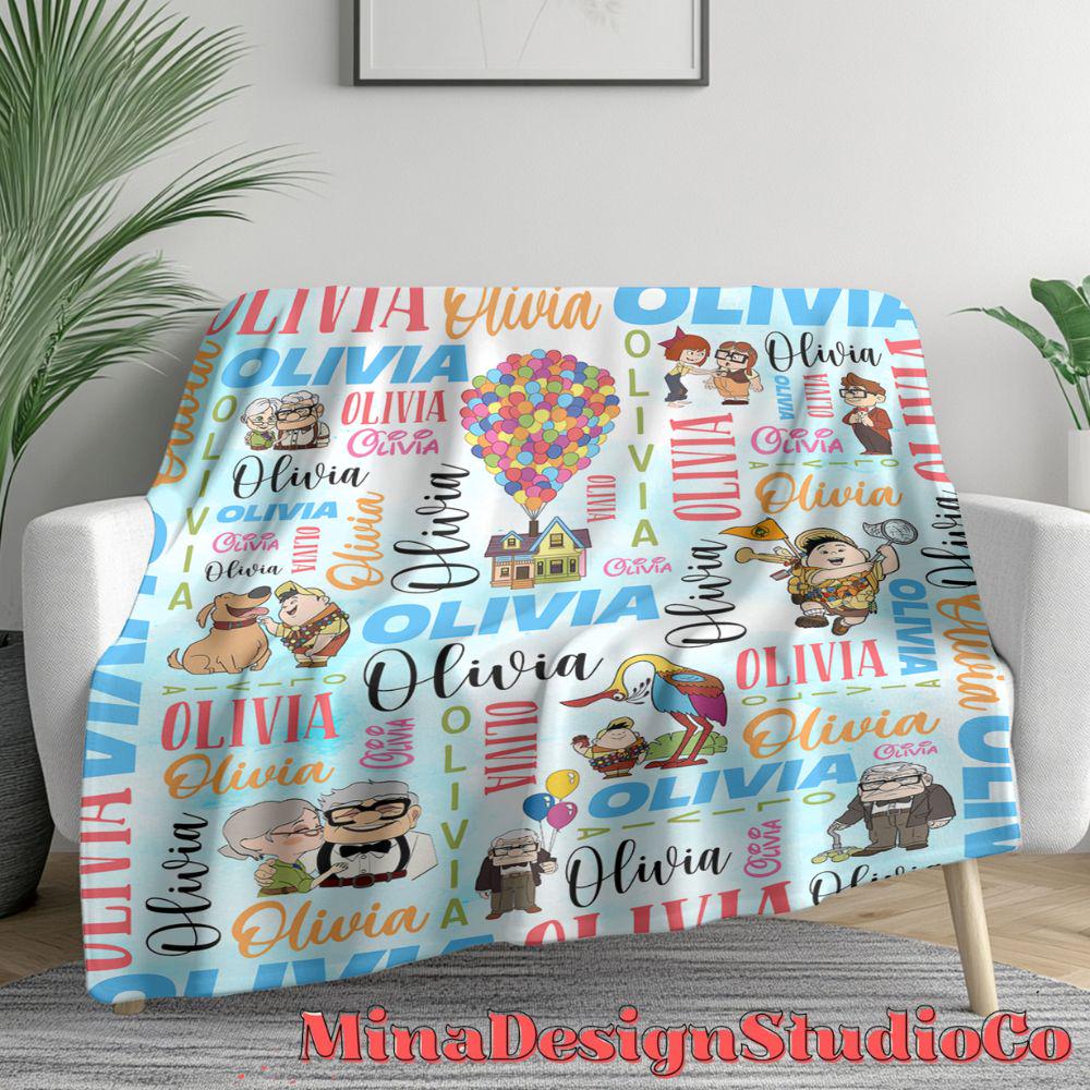 Personalized Watercolor Disney Up Blanket, Adventure Is Out There Up House Balloons Carl Ellie Couple Gift Home Decor, Russell Dug Dog Kevin