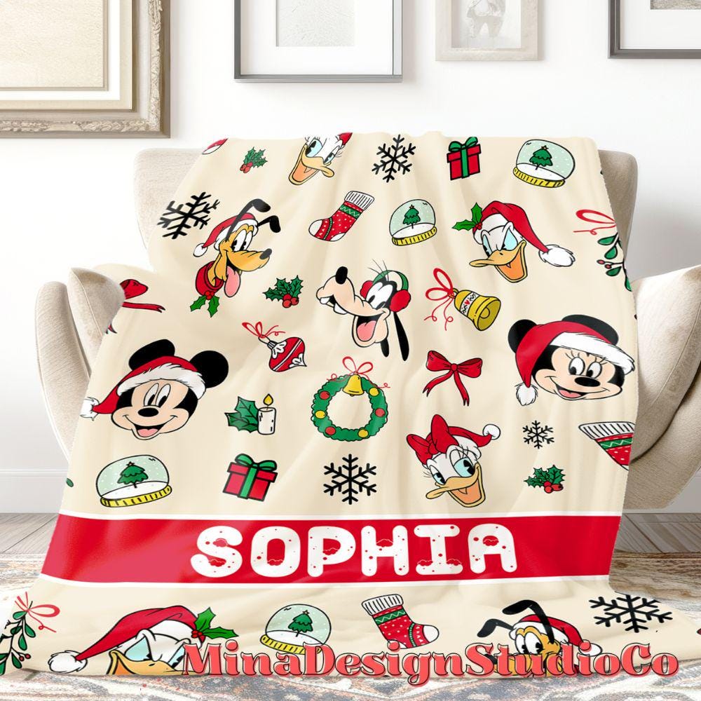 Personalized Mickey & Friends Santa Disney Christmas Blanket, Mickey's Very Merry Christmas Party, Holiday Family Christmas Tree Home Decor