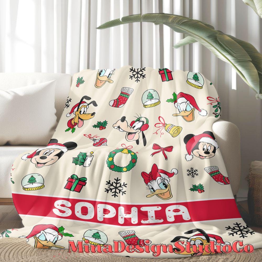 Personalized Mickey & Friends Santa Disney Christmas Blanket, Mickey's Very Merry Christmas Party, Holiday Family Christmas Tree Home Decor