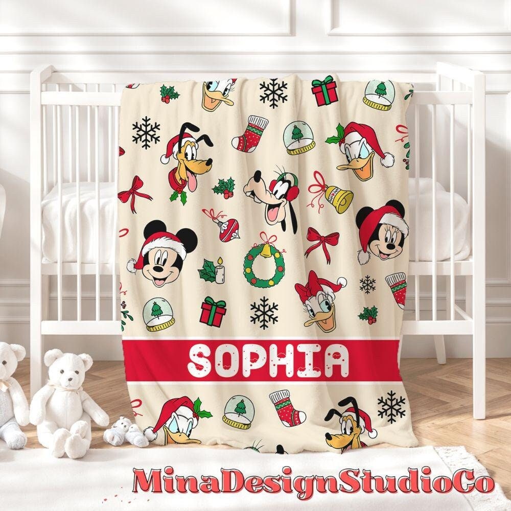Personalized Mickey & Friends Santa Disney Christmas Blanket, Mickey's Very Merry Christmas Party, Holiday Family Christmas Tree Home Decor