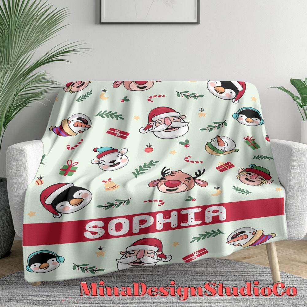 Personalized Santa Snowman Reindeer Christmas Blanket, Holiday Family Christmas Home Decoration, Custom Name Baby Girl/Boy Christmas Gifts