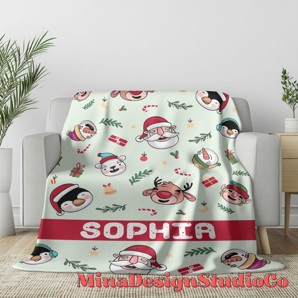 Personalized Santa Snowman Reindeer Christmas Blanket, Holiday Family Christmas Home Decoration, Custom Name Baby Girl/Boy Christmas Gifts