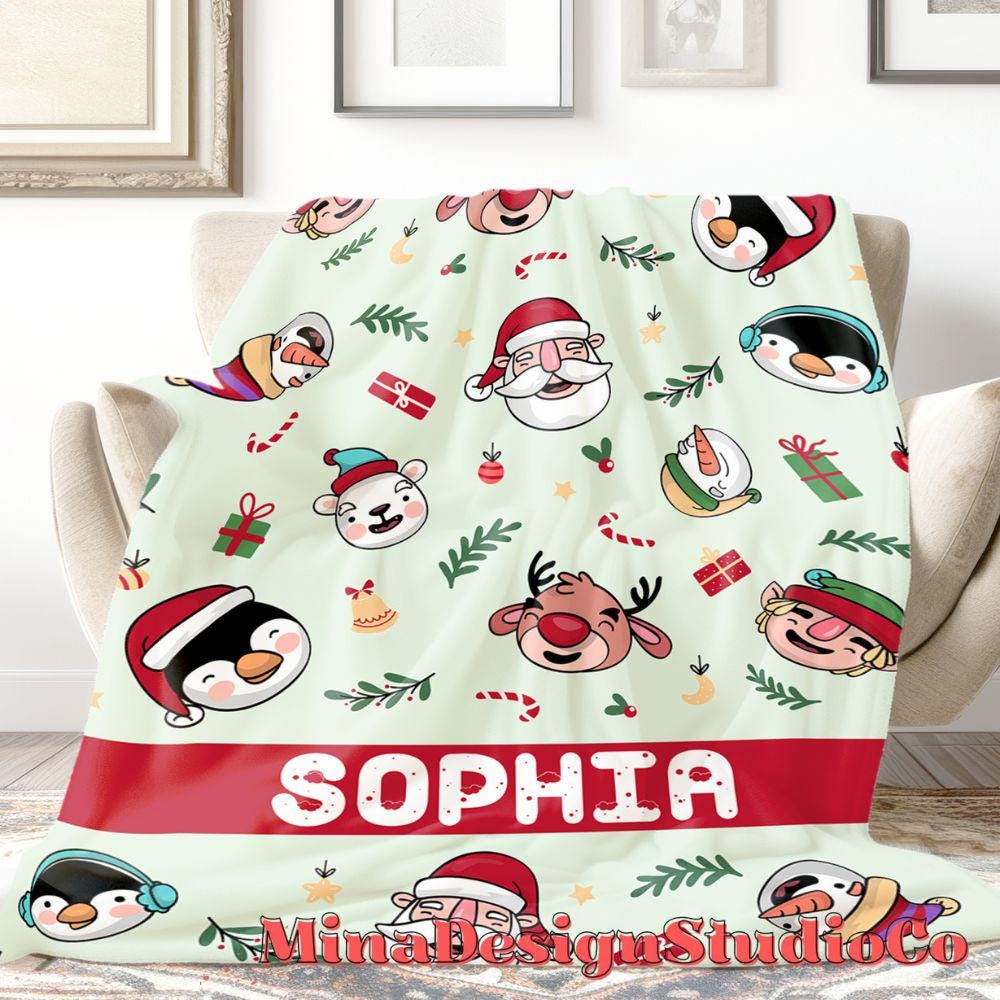 Personalized Santa Snowman Reindeer Christmas Blanket, Holiday Family Christmas Home Decoration, Custom Name Baby Girl/Boy Christmas Gifts