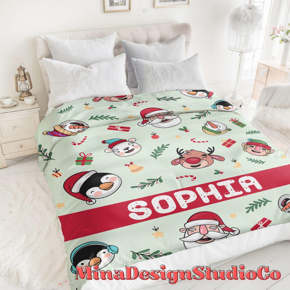 Personalized Santa Snowman Reindeer Christmas Blanket, Holiday Family Christmas Home Decoration, Custom Name Baby Girl/Boy Christmas Gifts