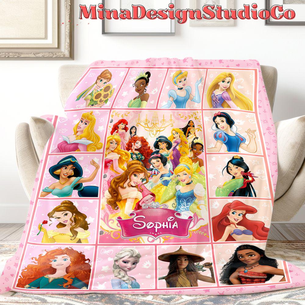 Personalized Disney Princess Blanket, Princess Birthday Girl Gift Home Decor, Custom Name Baby Girl Blanket, Cinderella Rapunzel Belle Moana