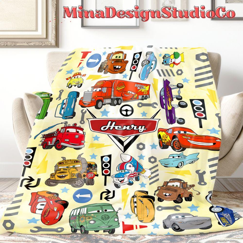 Personalized Watercolor Disney Cars Blanket, Lightning McQueen Mater Doc Hudson Sally Birthday Boy, Birthday Girl Home Decor, Cars Family