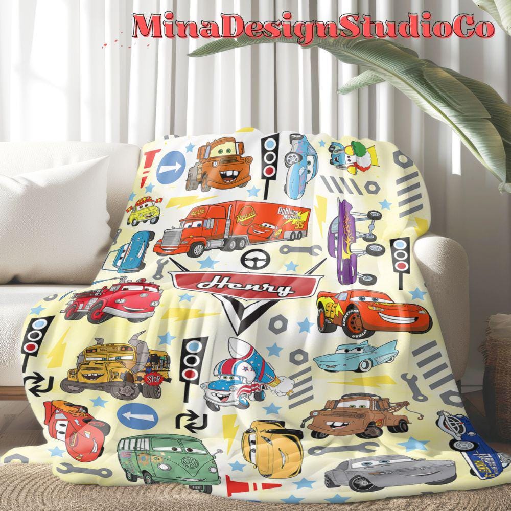 Personalized Watercolor Disney Cars Blanket, Lightning McQueen Mater Doc Hudson Sally Birthday Boy, Birthday Girl Home Decor, Cars Family