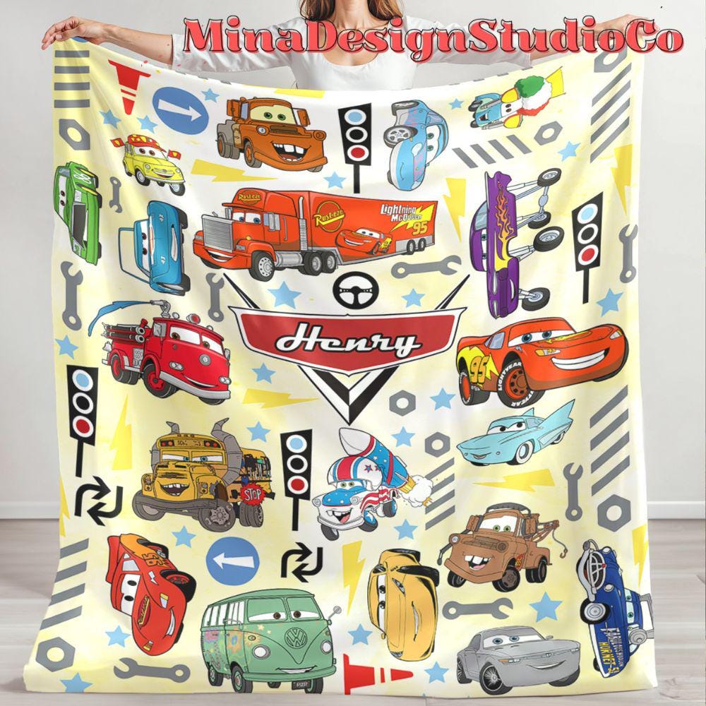 Personalized Watercolor Disney Cars Blanket, Lightning McQueen Mater Doc Hudson Sally Birthday Boy, Birthday Girl Home Decor, Cars Family