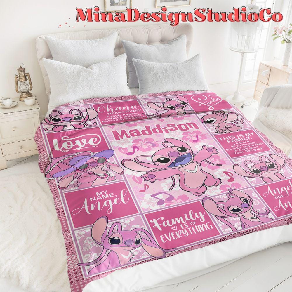 Personalized Watercolor Disney Angel Blanket, Ohana Means Family Lilo & Stitch Angel Birthday Girl Blanket, Baby Name Family Home Decoration