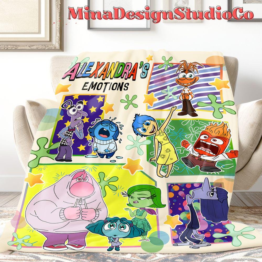 Personalized Disney Inside Out Blanket, Inside Out 2 Emotions Joy Anxiety Birthday Boy, Birthday Girl Home Decor, Okay To Feel All The Feels