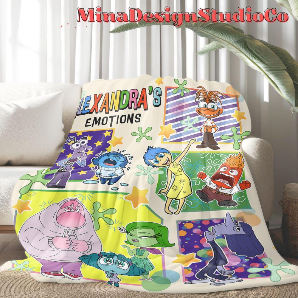 Personalized Disney Inside Out Blanket, Inside Out 2 Emotions Joy Anxiety Birthday Boy, Birthday Girl Home Decor, Okay To Feel All The Feels