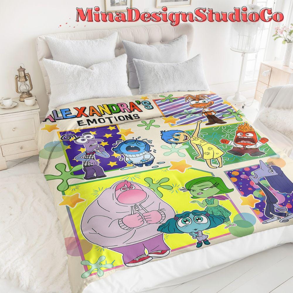Personalized Disney Inside Out Blanket, Inside Out 2 Emotions Joy Anxiety Birthday Boy, Birthday Girl Home Decor, Okay To Feel All The Feels