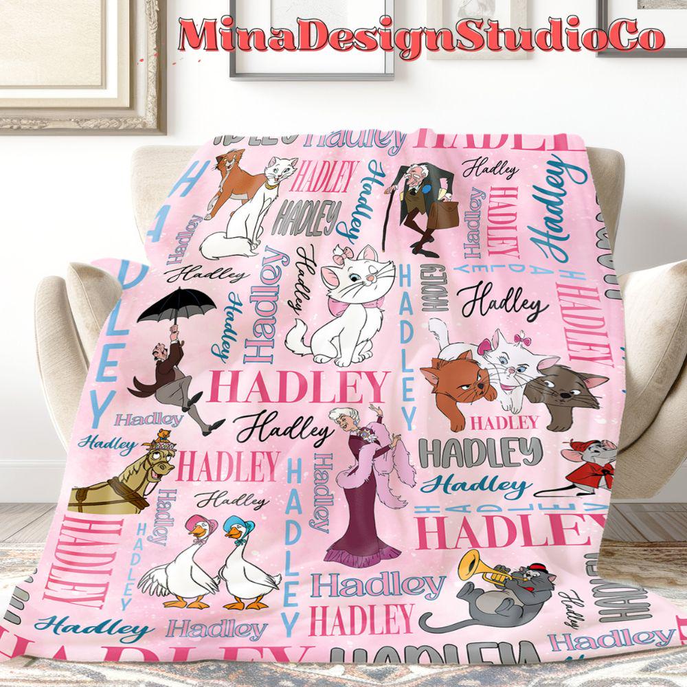 Personalized Watercolor Disney The Aristocats Blanket, The Aristocats Marie Cat Lovers Birthday Girl Home Decor Disney Cat Baby Girl Blanket