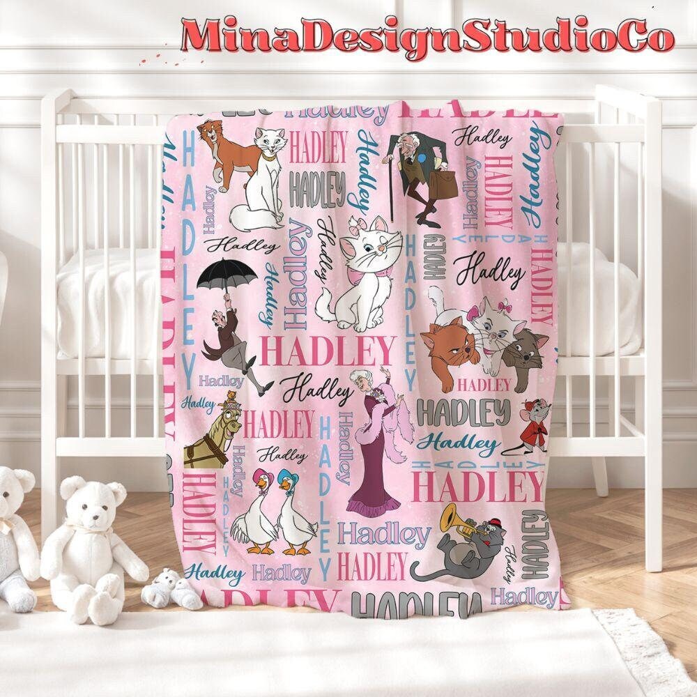 Personalized Watercolor Disney The Aristocats Blanket, The Aristocats Marie Cat Lovers Birthday Girl Home Decor Disney Cat Baby Girl Blanket