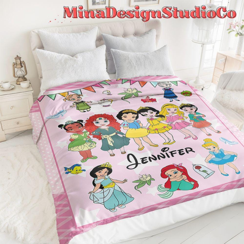 Personalized Baby Girl Disney Princess Blanket, Baby Princess Birthday Girl Gift Home Decor, Cinderella Rapunzel Snow White Girl Kids Family