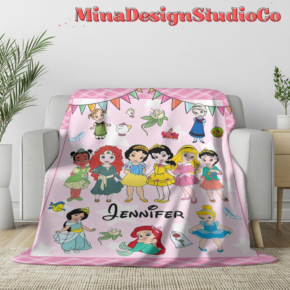 Personalized Baby Girl Disney Princess Blanket, Baby Princess Birthday Girl Gift Home Decor, Cinderella Rapunzel Snow White Girl Kids Family