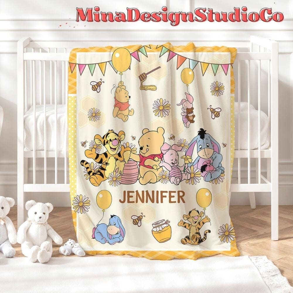 Personalized Baby Disney Winnie The Pooh Blanket, Pooh Bear Birthday Girl Gift Home Decor, Birthday Boy Blanket, Piglet Tigger Eeyore Gift
