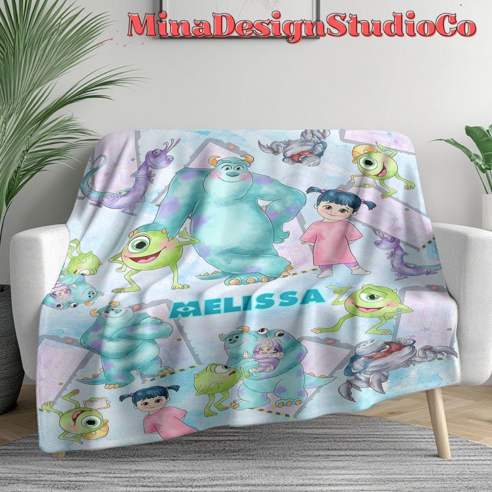 Personalized Watercolor Disney Monsters Inc Blanket, Monsters University Mike Wazowski Sully Boo Birthday Boy Gift, Birthday Girl Home Decor