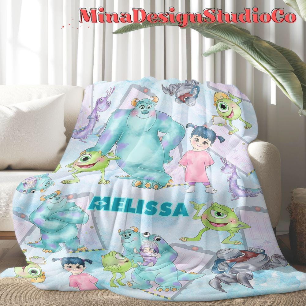 Personalized Watercolor Disney Monsters Inc Blanket, Monsters University Mike Wazowski Sully Boo Birthday Boy Gift, Birthday Girl Home Decor