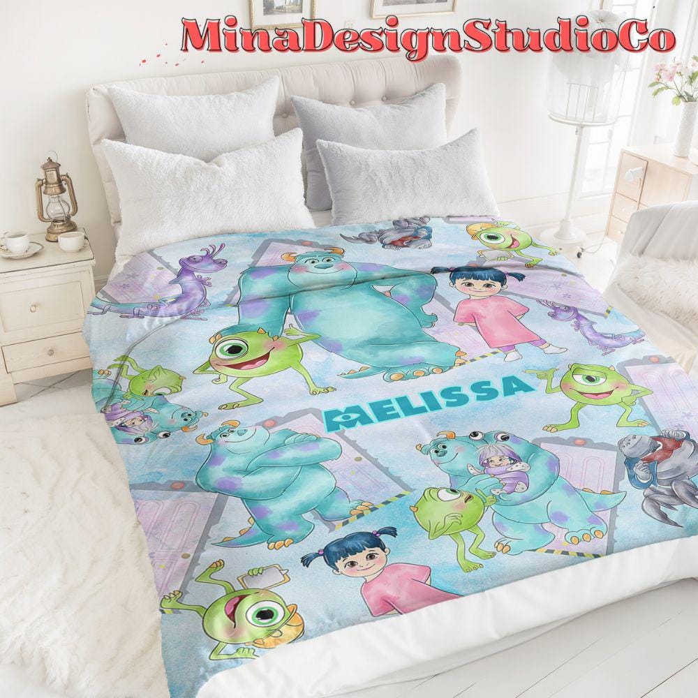 Personalized Watercolor Disney Monsters Inc Blanket, Monsters University Mike Wazowski Sully Boo Birthday Boy Gift, Birthday Girl Home Decor
