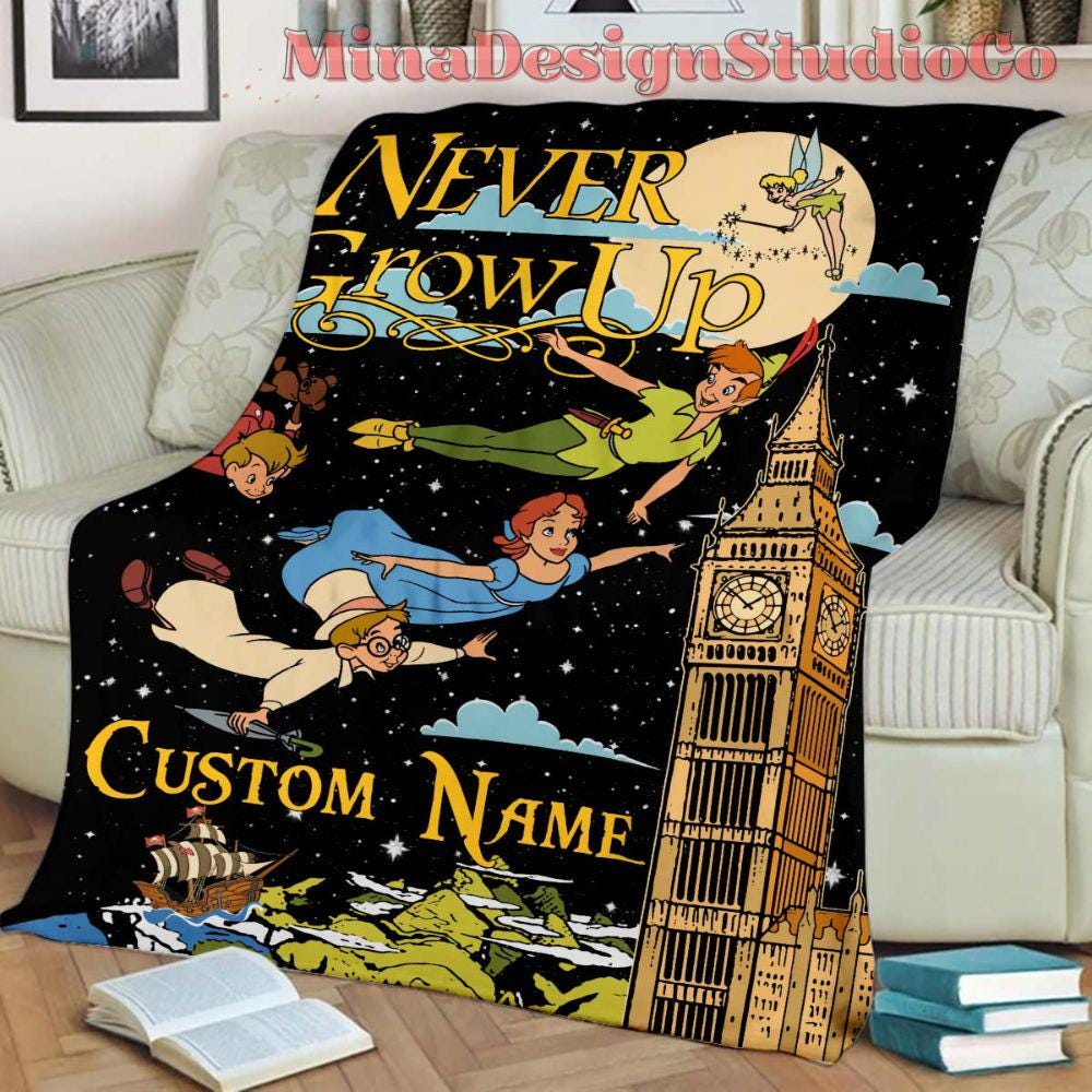 Personalized Never Grow Up Disney Peter Pan Blanket, Peter Pan Wendy Tinker Bell Flying To Neverland, Kids Birthday Family Home Decoration