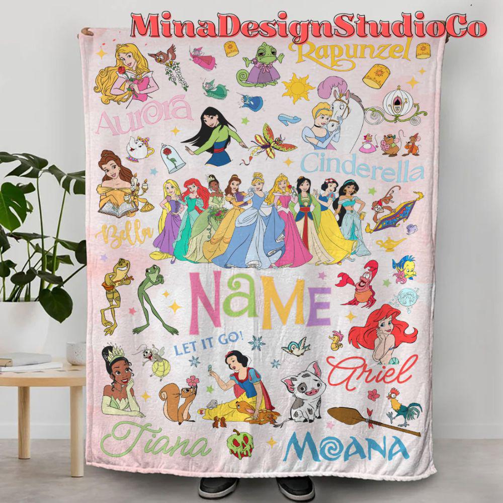 Personalized Disney Princess Blanket, Watercolor Princess Birthday Girl Gift Home Decor, Custom Name Baby Girl Blanket, Cinderella Moana 2