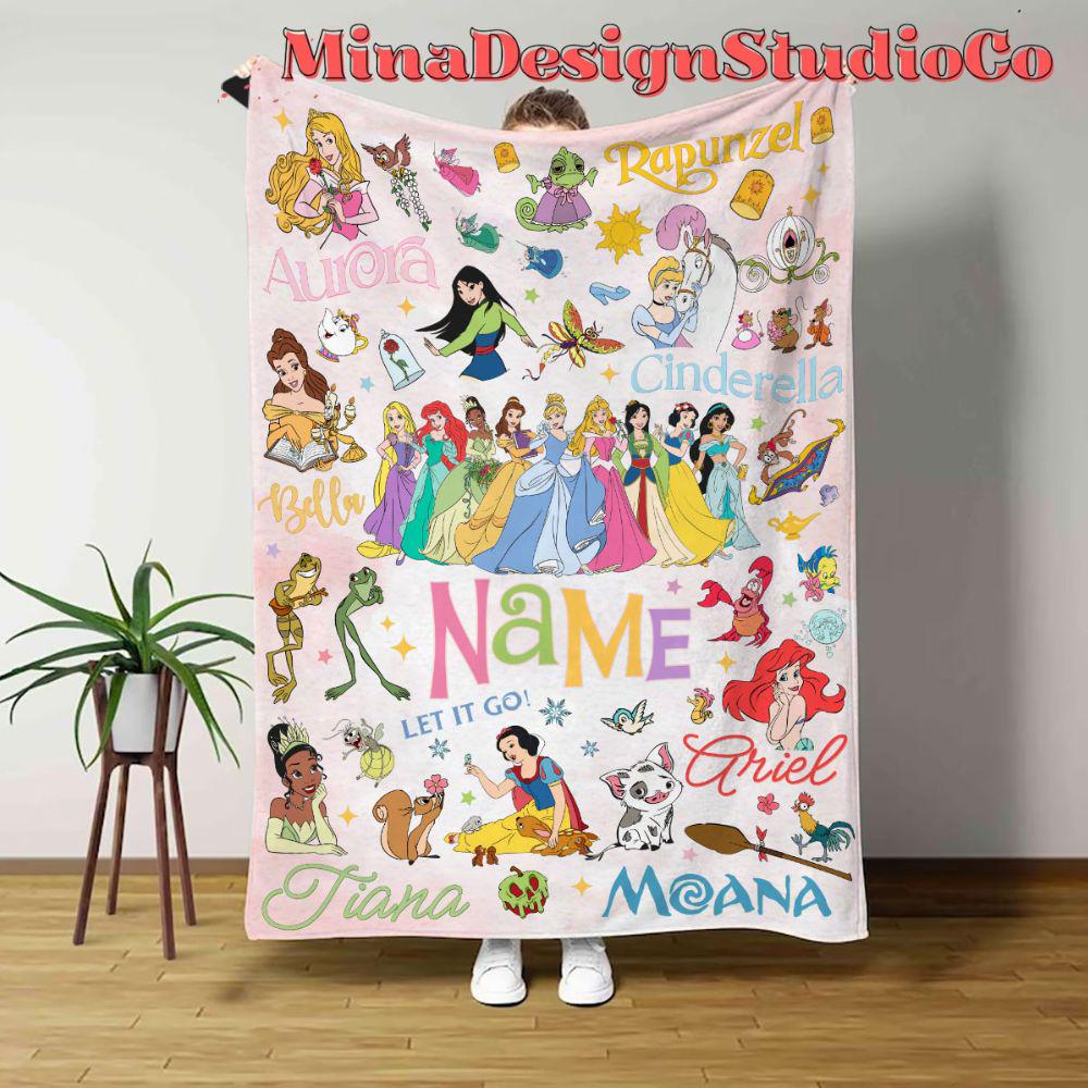 Personalized Disney Princess Blanket, Watercolor Princess Birthday Girl Gift Home Decor, Custom Name Baby Girl Blanket, Cinderella Moana 2