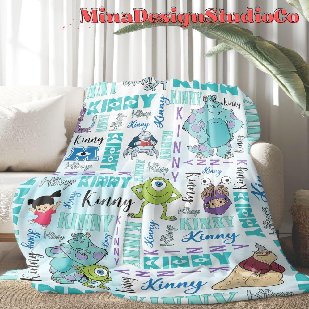 Personalized Watercolor Disney Monsters Inc Blanket, Monsters University Mike Wazowski Sully Boo Birthday Boy/Girl Gift, Family Home Decor