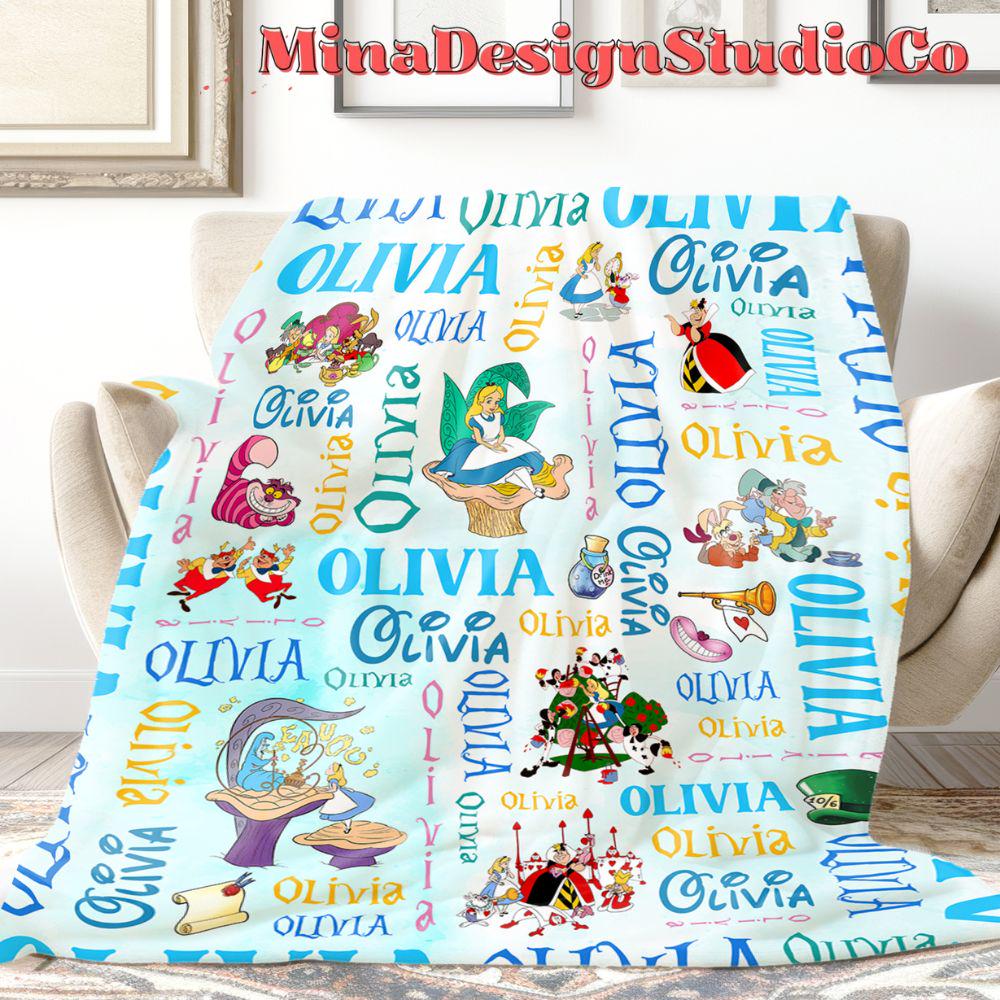Personalized Disney Alice in Wonderland Blanket, Watercolor Disney Princess Blanket, Alice Birthday Girl Gift Home Decor, Baby Girl Blanket