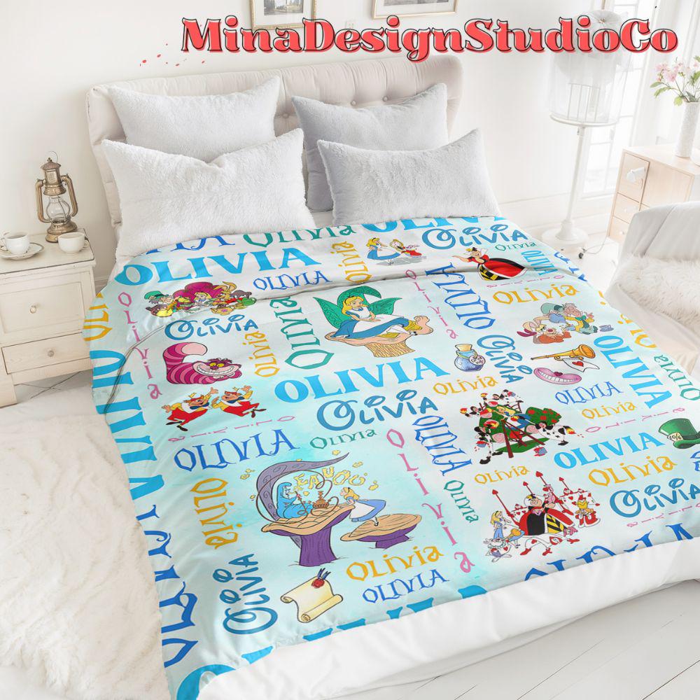 Personalized Disney Alice in Wonderland Blanket, Watercolor Disney Princess Blanket, Alice Birthday Girl Gift Home Decor, Baby Girl Blanket