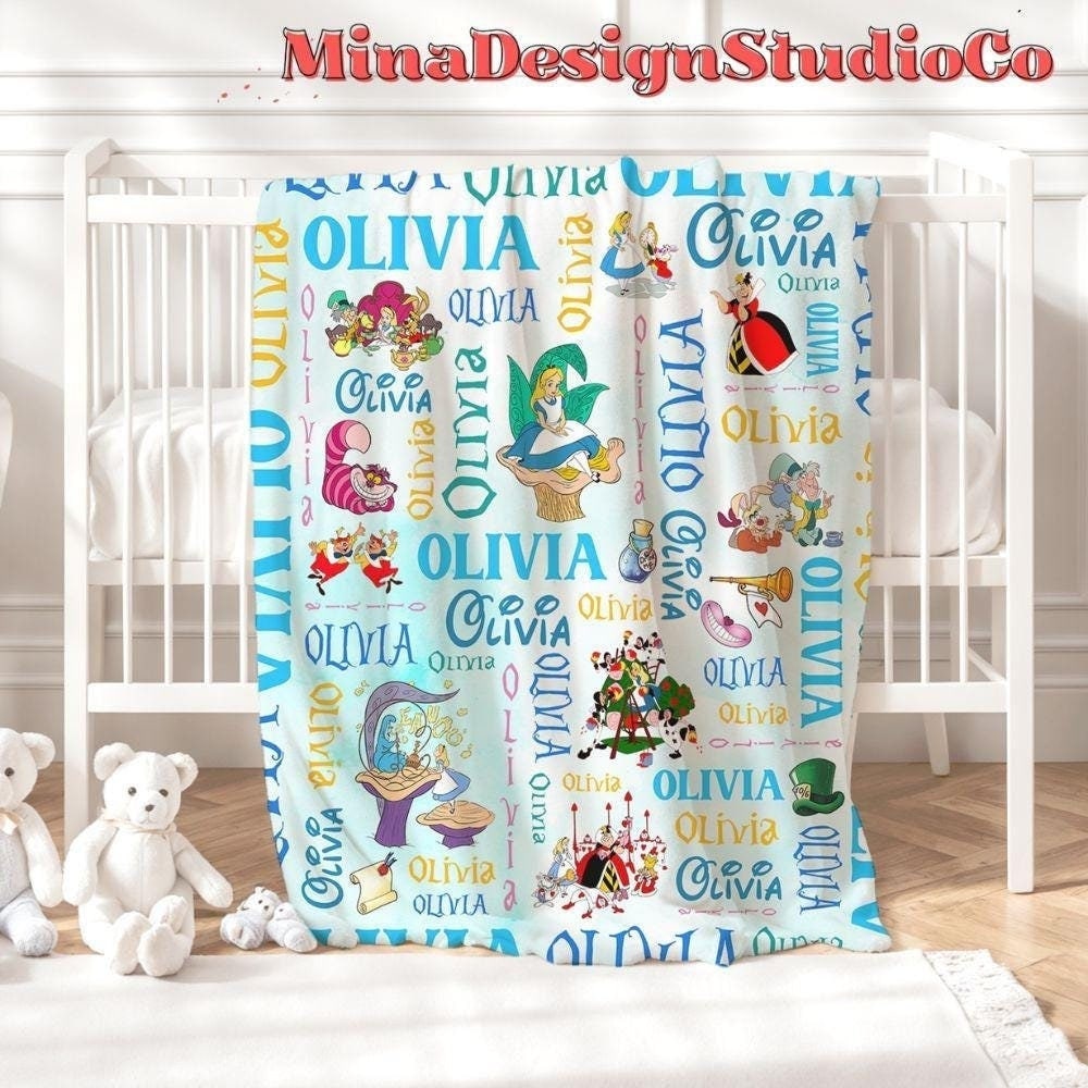 Personalized Disney Alice in Wonderland Blanket, Watercolor Disney Princess Blanket, Alice Birthday Girl Gift Home Decor, Baby Girl Blanket