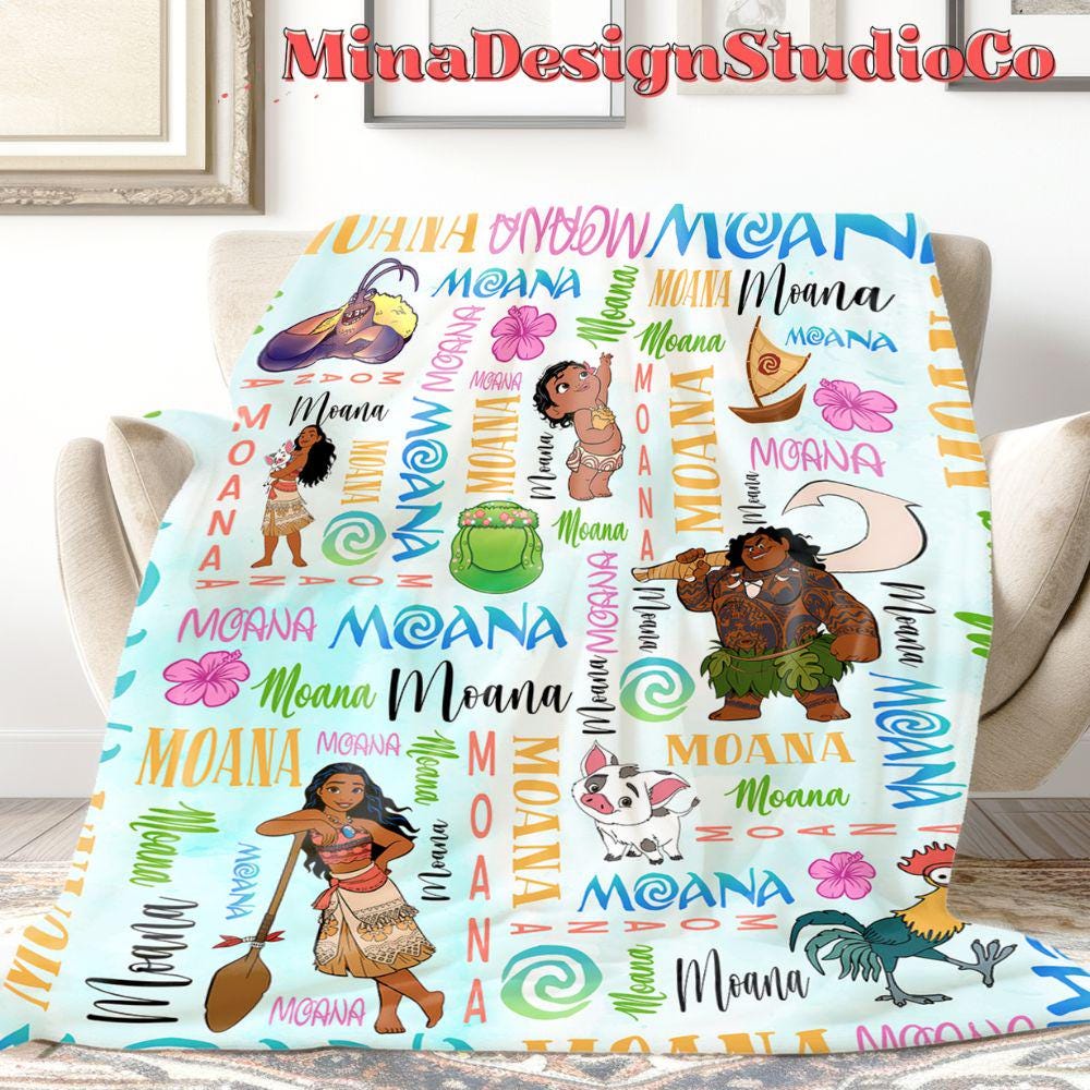 Personalized Watercolor Disney Moana Blanket, Disney Princess Moana 2 Movie Birthday Girl Gift Home Decor Maui Pua Hei Hei Baby Girl Blanket