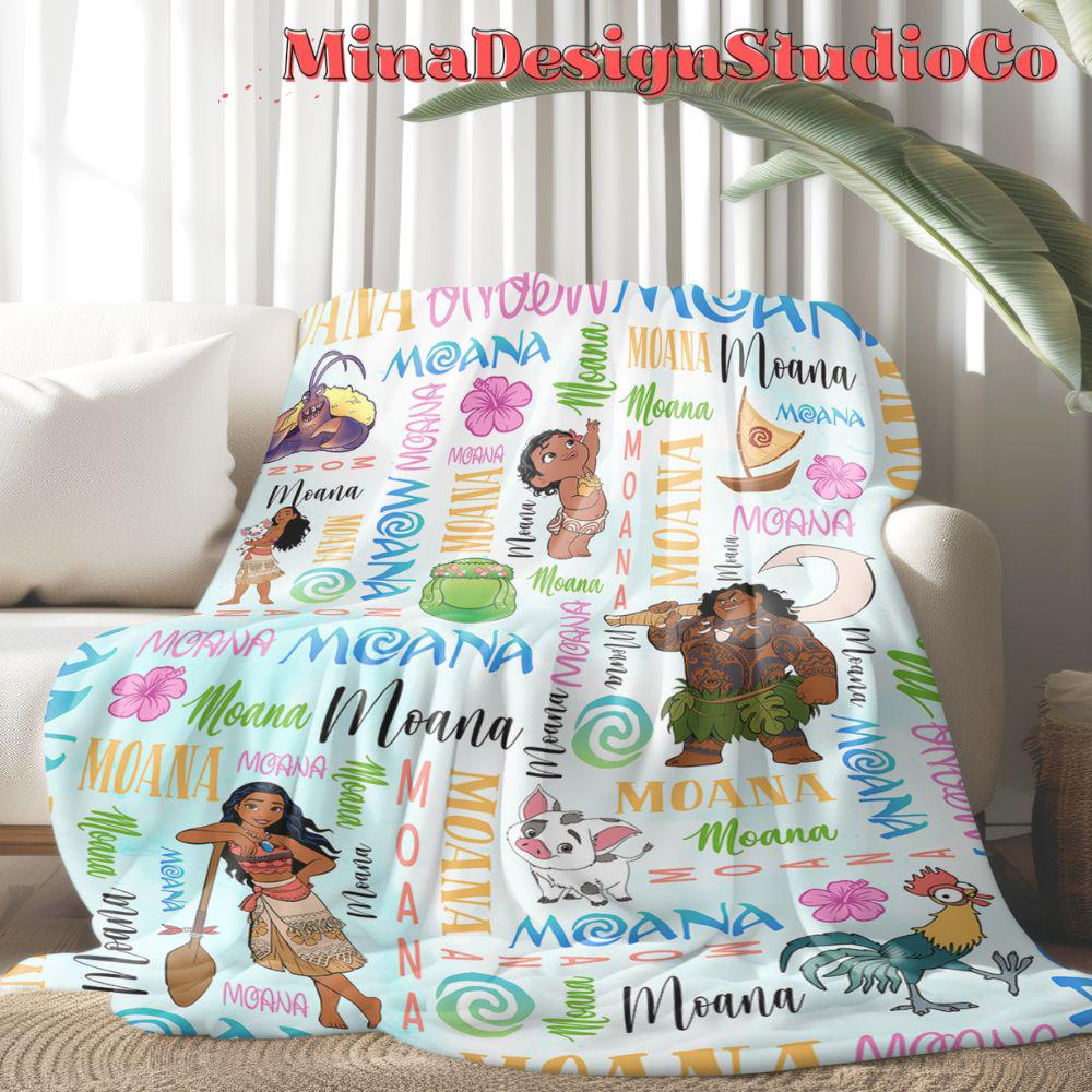 Personalized Watercolor Disney Moana Blanket, Disney Princess Moana 2 Movie Birthday Girl Gift Home Decor Maui Pua Hei Hei Baby Girl Blanket