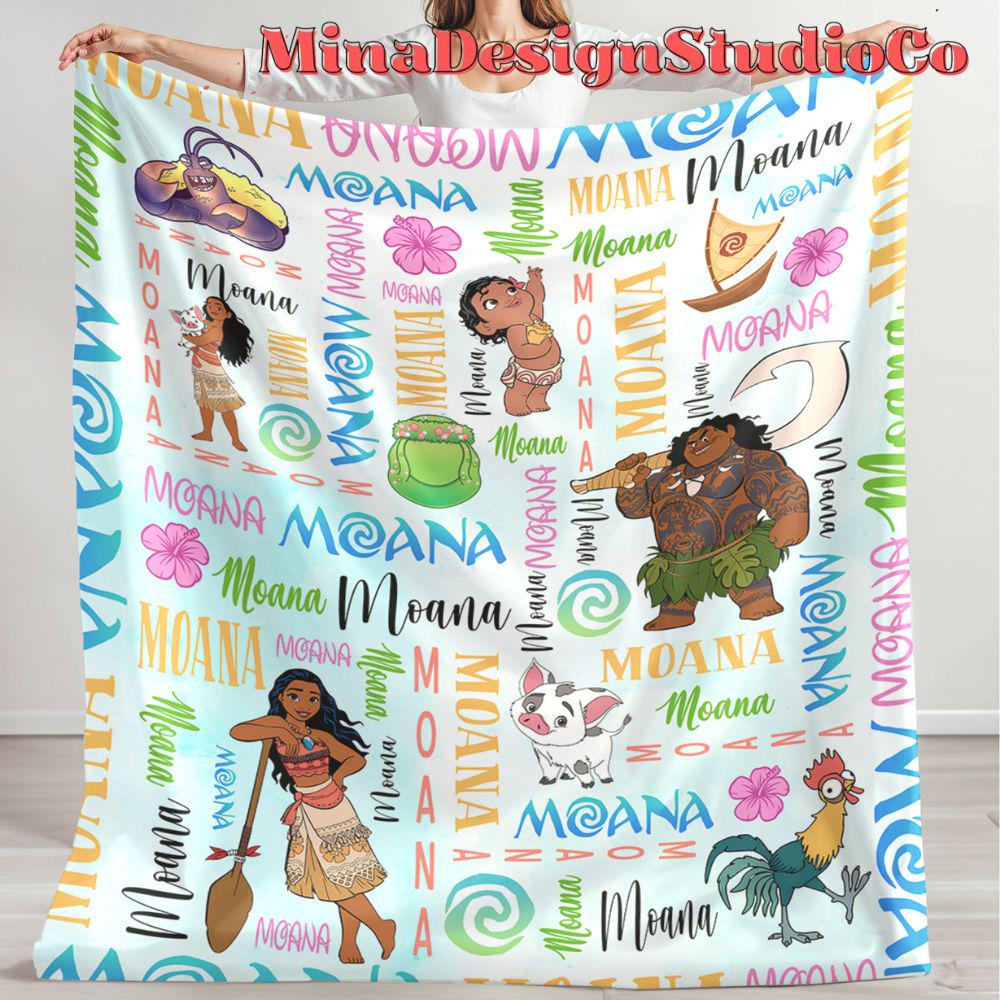 Personalized Watercolor Disney Moana Blanket, Disney Princess Moana 2 Movie Birthday Girl Gift Home Decor Maui Pua Hei Hei Baby Girl Blanket