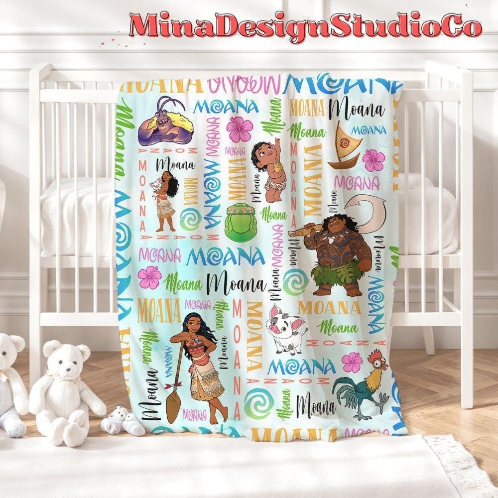 Personalized Watercolor Disney Moana Blanket, Disney Princess Moana 2 Movie Birthday Girl Gift Home Decor Maui Pua Hei Hei Baby Girl Blanket
