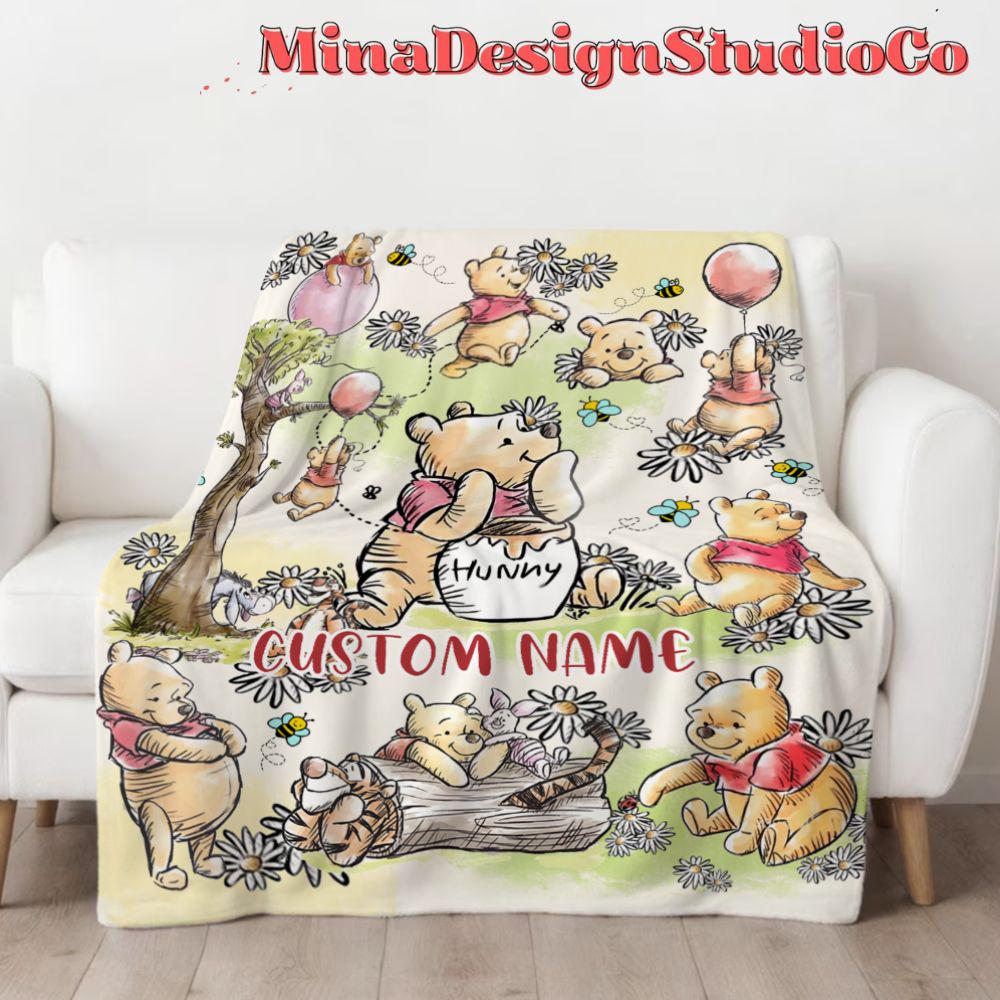Personalized Disney Winnie The Pooh Blanket, Pooh Bear Sketch Birthday Girl Gift Home Decor, Birthday Boy Blanket, Piglet Tigger Eeyore Gift