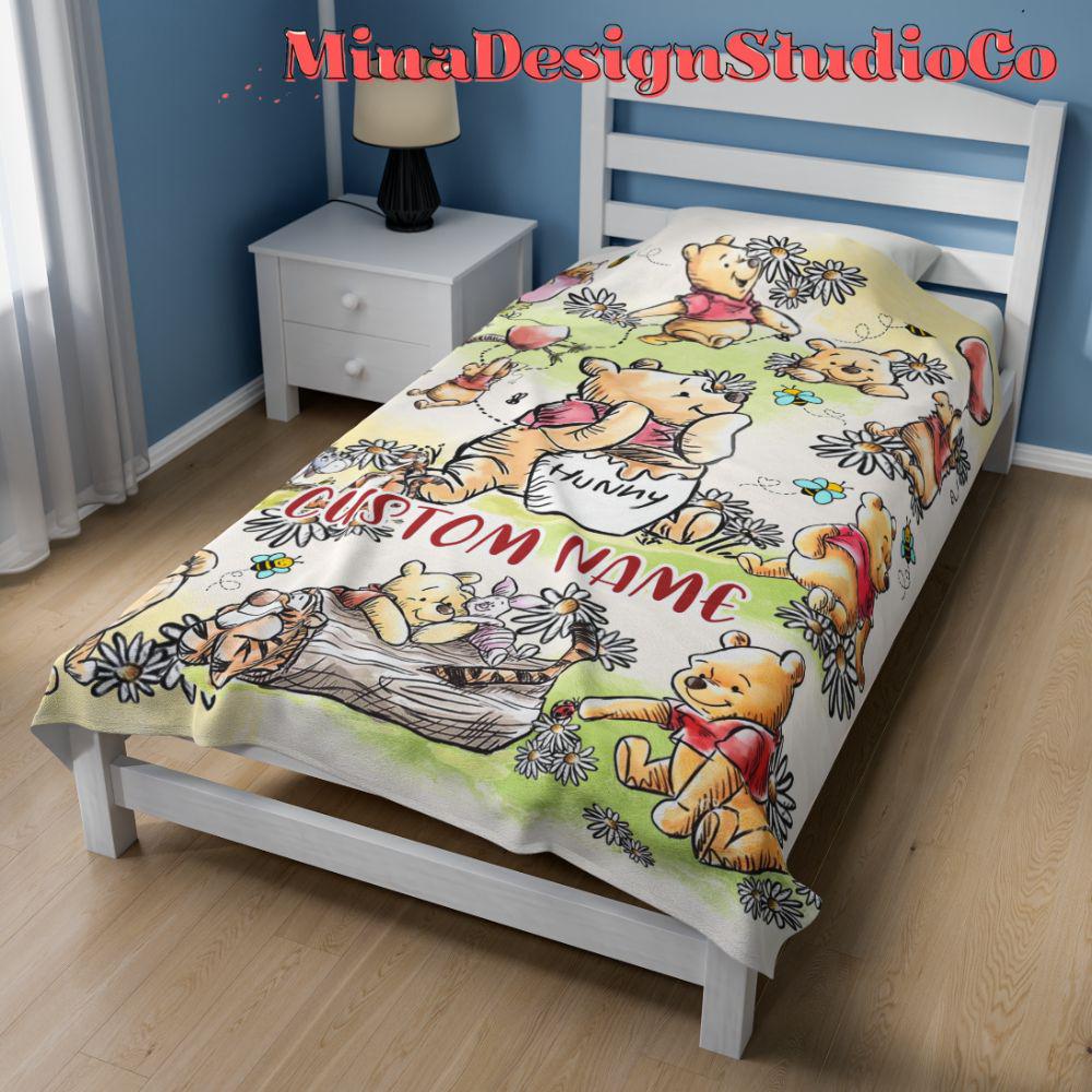 Personalized Disney Winnie The Pooh Blanket, Pooh Bear Sketch Birthday Girl Gift Home Decor, Birthday Boy Blanket, Piglet Tigger Eeyore Gift