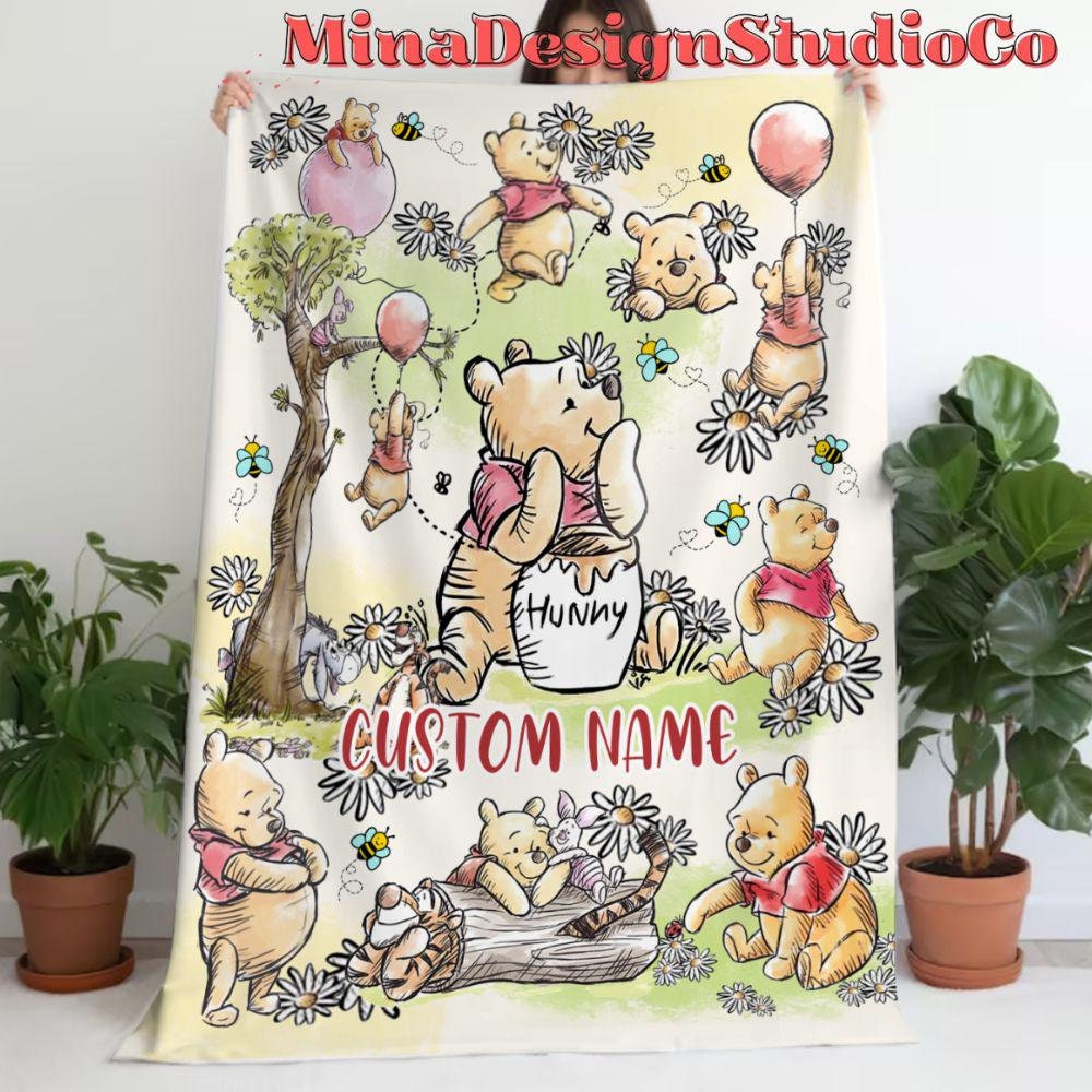 Personalized Disney Winnie The Pooh Blanket, Pooh Bear Sketch Birthday Girl Gift Home Decor, Birthday Boy Blanket, Piglet Tigger Eeyore Gift