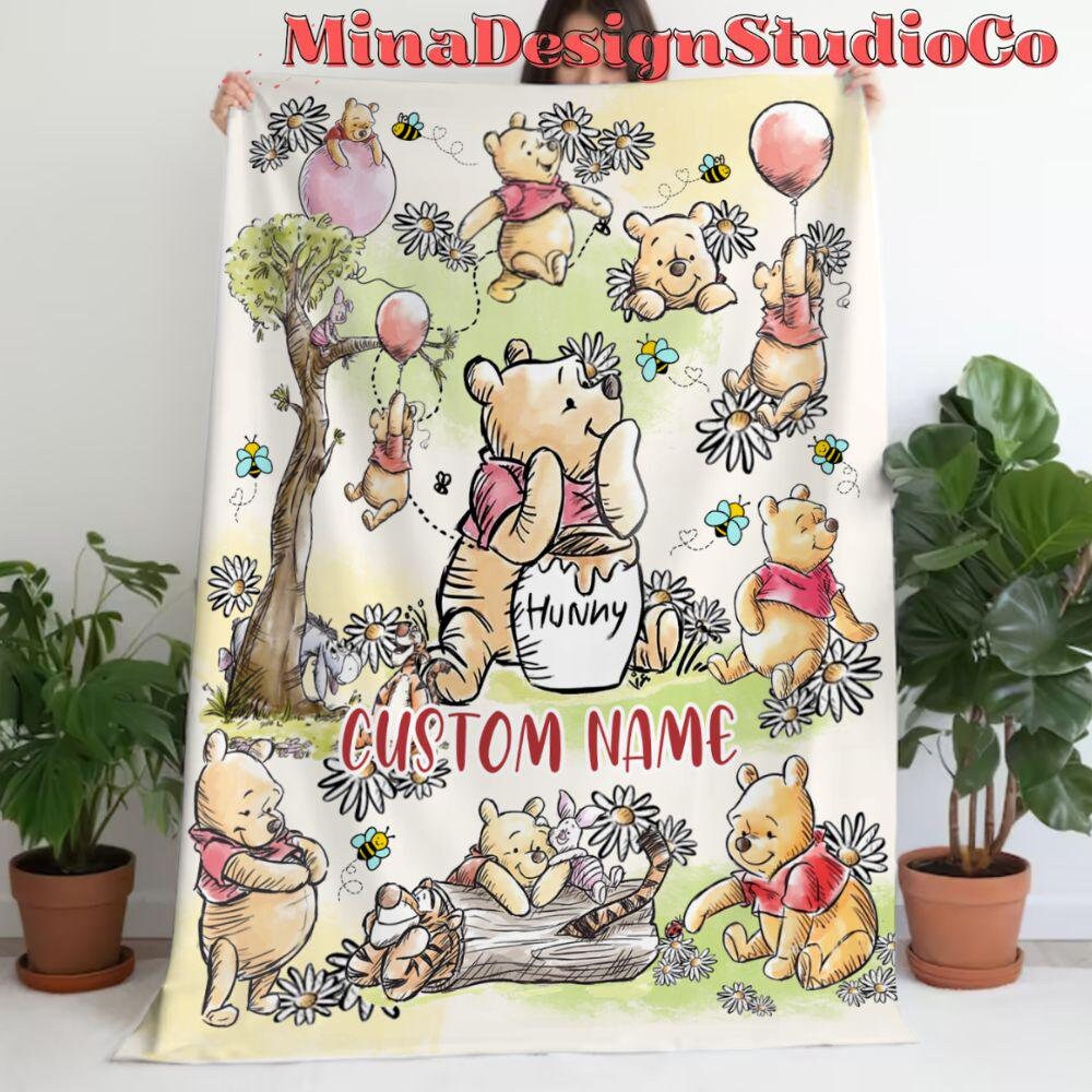 Personalized Disney Winnie The Pooh Blanket, Pooh Bear Sketch Birthday Girl Gift Home Decor, Birthday Boy Blanket, Piglet Tigger Eeyore Gift