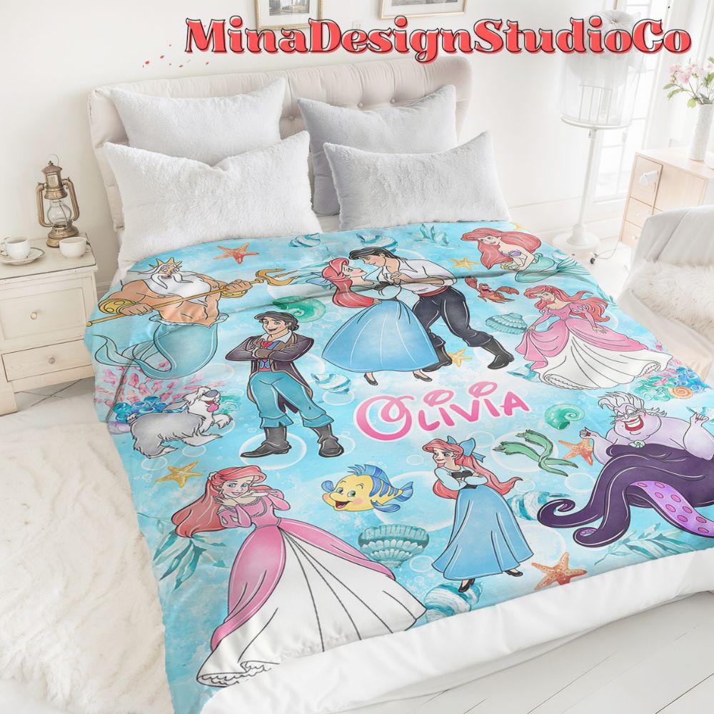 Personalized Watercolor Disney The Little Mermaid Blanket, Disney Princess Ariel Blanket, Baby Girl Mermaid Ariel Birthday Girl Home Decor