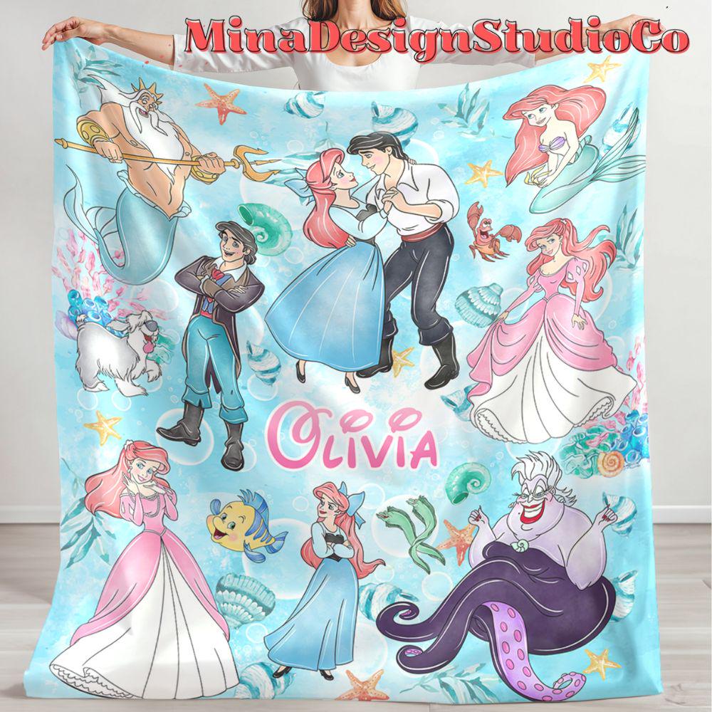 Personalized Watercolor Disney The Little Mermaid Blanket, Disney Princess Ariel Blanket, Baby Girl Mermaid Ariel Birthday Girl Home Decor