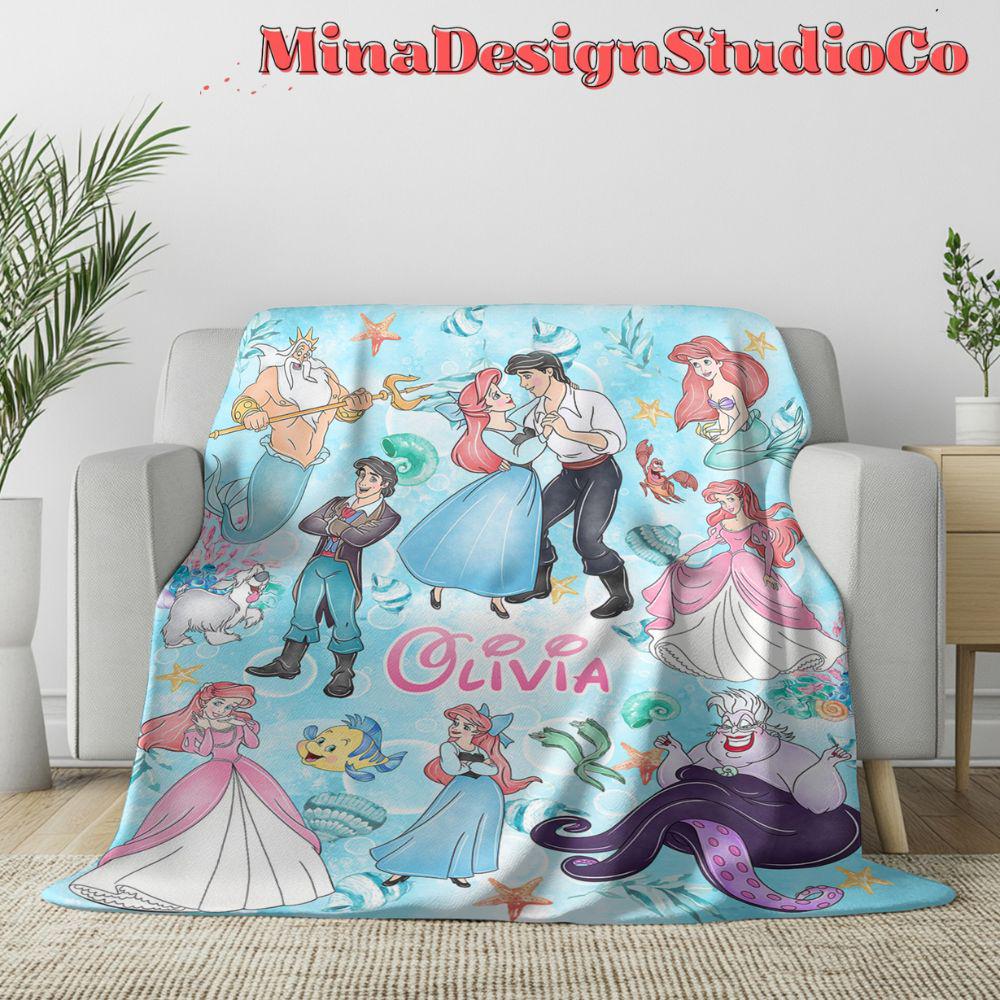 Personalized Watercolor Disney The Little Mermaid Blanket, Disney Princess Ariel Blanket, Baby Girl Mermaid Ariel Birthday Girl Home Decor