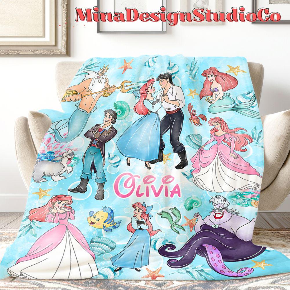 Personalized Watercolor Disney The Little Mermaid Blanket, Disney Princess Ariel Blanket, Baby Girl Mermaid Ariel Birthday Girl Home Decor
