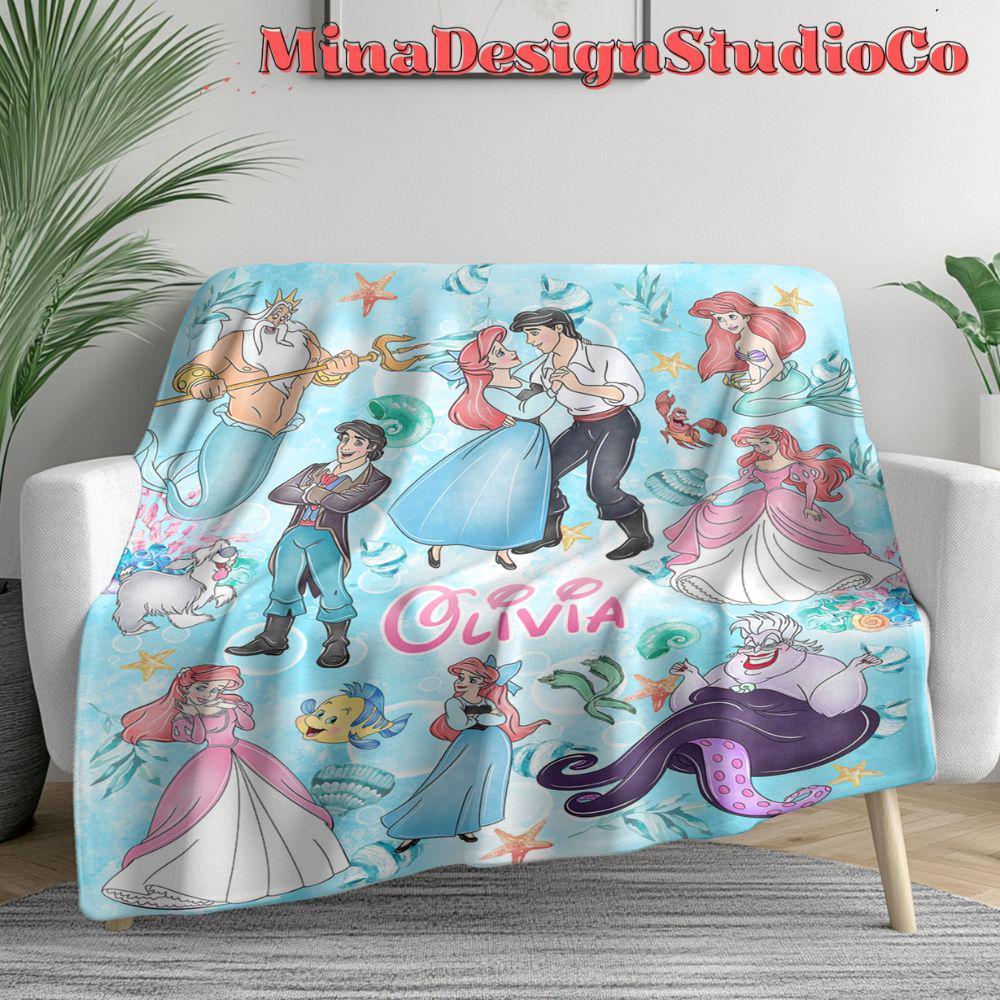 Personalized Watercolor Disney The Little Mermaid Blanket, Disney Princess Ariel Blanket, Baby Girl Mermaid Ariel Birthday Girl Home Decor