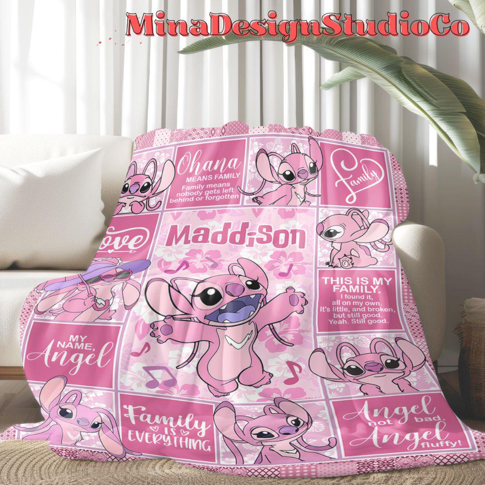 Personalized Watercolor Disney Angel Blanket, Ohana Means Family Lilo & Stitch Angel Birthday Girl Blanket, Baby Name Family Home Decoration
