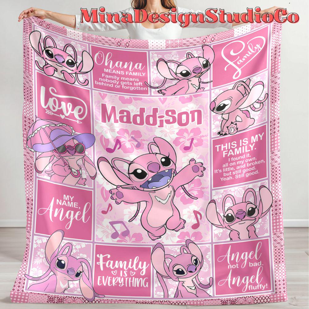 Personalized Watercolor Disney Angel Blanket, Ohana Means Family Lilo & Stitch Angel Birthday Girl Blanket, Baby Name Family Home Decoration
