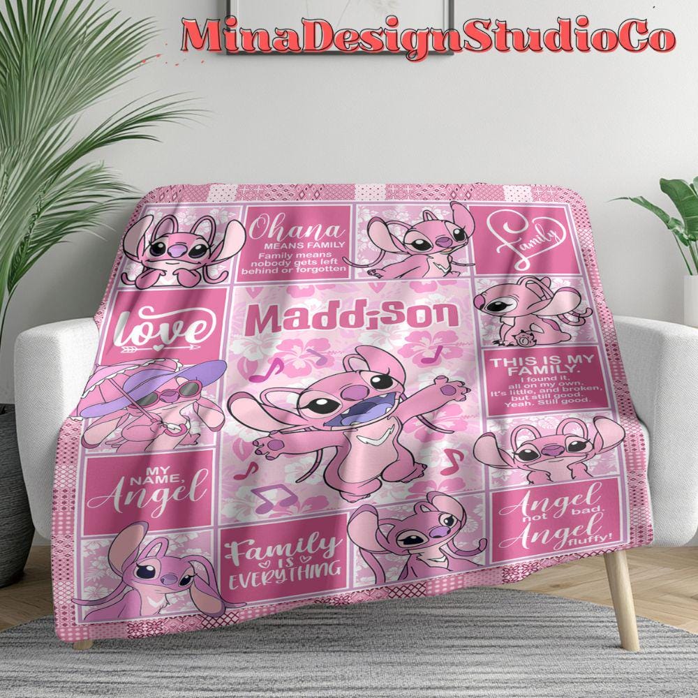 Personalized Watercolor Disney Angel Blanket, Ohana Means Family Lilo & Stitch Angel Birthday Girl Blanket, Baby Name Family Home Decoration